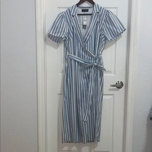 Lane Bryant Blue Midi Wrap Dress with Puff Sleeves and V-Neck